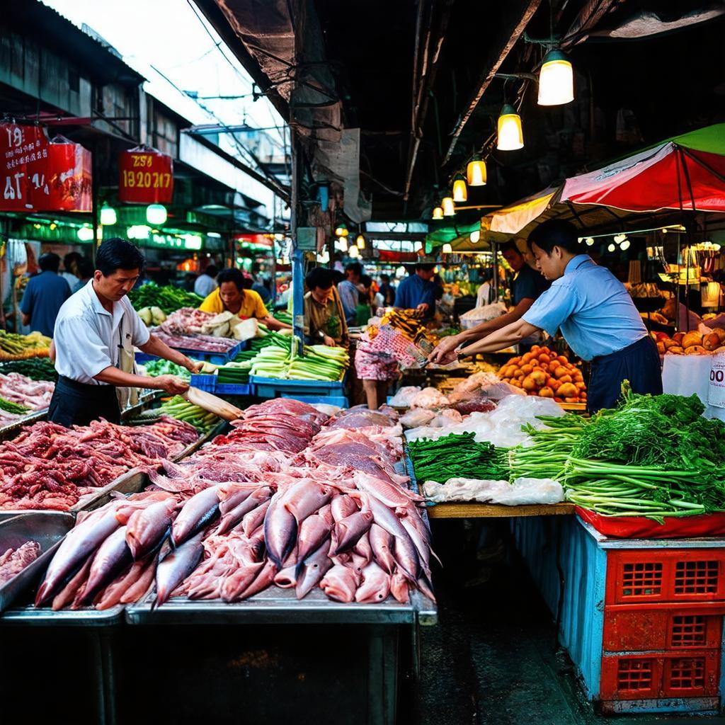Khu chợ “ướt” tại Chợ Lâm Phát với các quầy bán thực phẩm tươi sống như rau, củ, thịt, cá